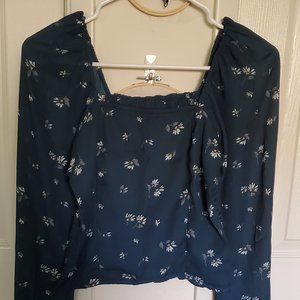Floral square neck dark green top